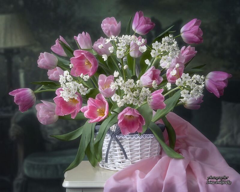 натюрморт, цветы, тюльпаны, весна С корзиной розовых тюльпанов фото превью