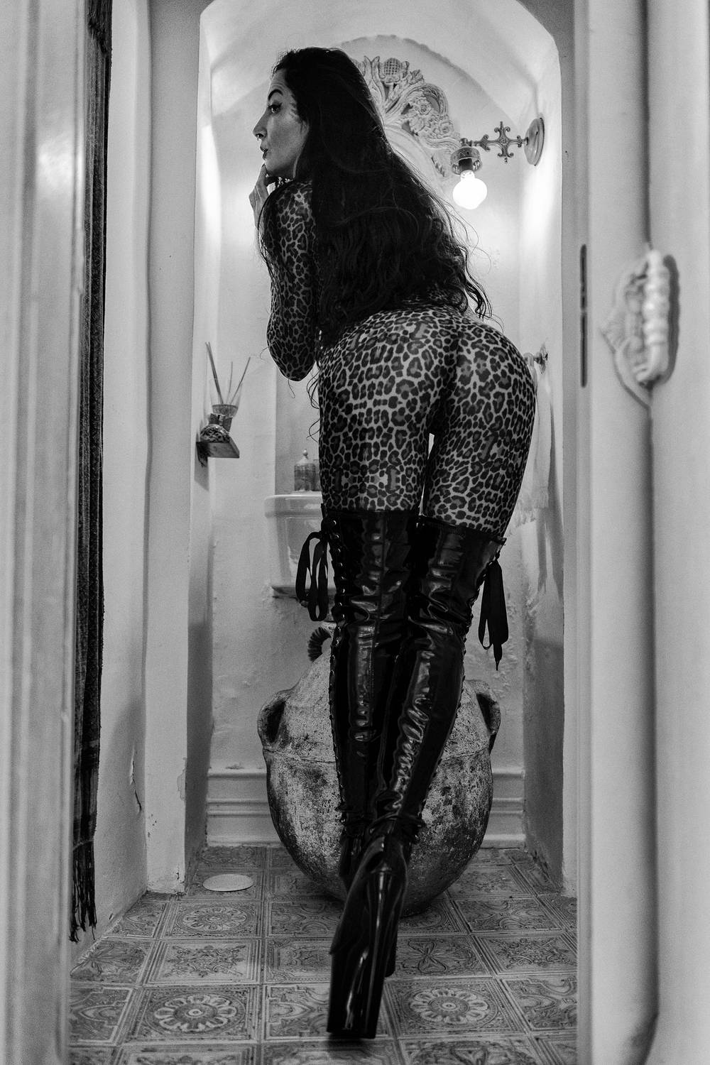 blackAndWhite, femalePortrait, fashionPhotography, hallwayPortrait, architecturalPortrait, leatherFashion, highContrast, environmentalPortrait, monochromePhotography, modelPhotography, fashionModel, interiorPortrait, geometricComposition, leadingLines, pe, Rozman Erik