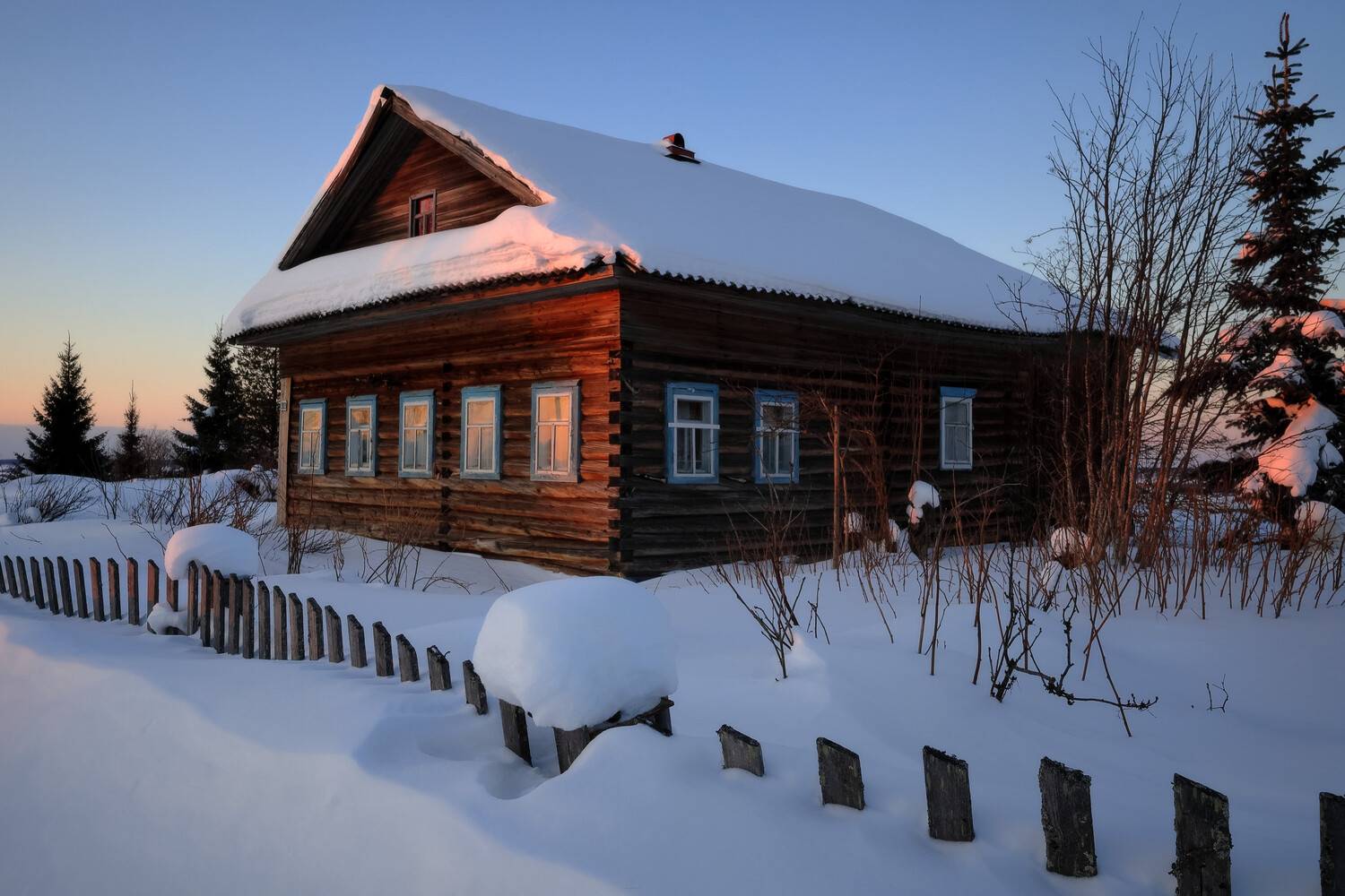 зима, дом, деревня, пейзаж, закат, север, Александр Титов