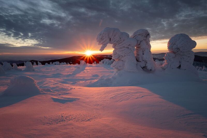 mountains, winter, sunset Jeseník mountains фото превью