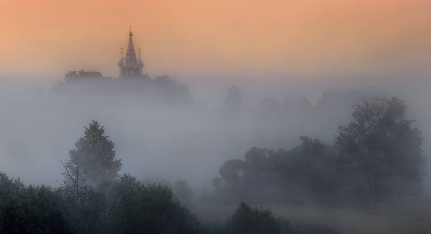 рассвет, туман, утро, Дунилово, Ивановская область, фото России, пейзажи России, храмы России, Александр Бархатов