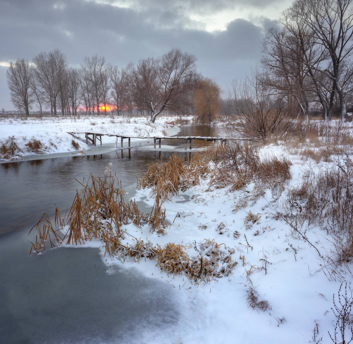 winter, snow, river, landscape, evening, Виктор Тулбанов