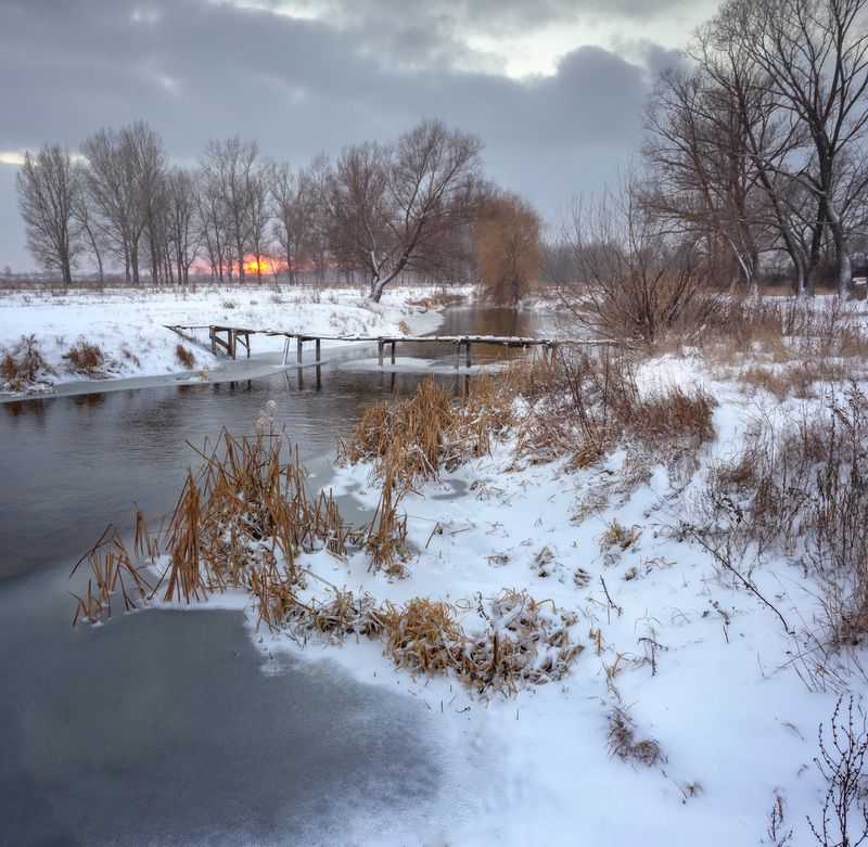 winter, snow, river, landscape, evening \\\