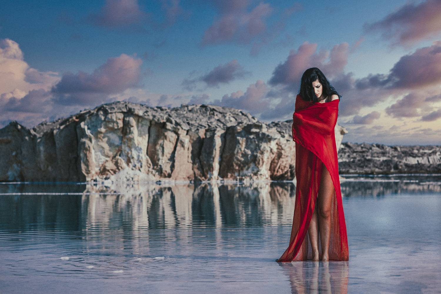 portrait, fashion, red, dress, glacier, ice, water, reflection, mirror, landscape, composite, surreal, dramatic, elegance, nature, Rozman Erik
