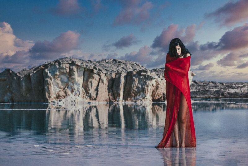 portrait, fashion, red, dress, glacier, ice, water, reflection, mirror, landscape, composite, surreal, dramatic, elegance, nature Red Dress, Ice Mirror фото превью