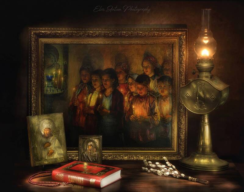 натюрморт, still life, икона, православие, верба, картина, канонник, старинная лампа, керосиновая лампа Натюрморт с вербой фото превью