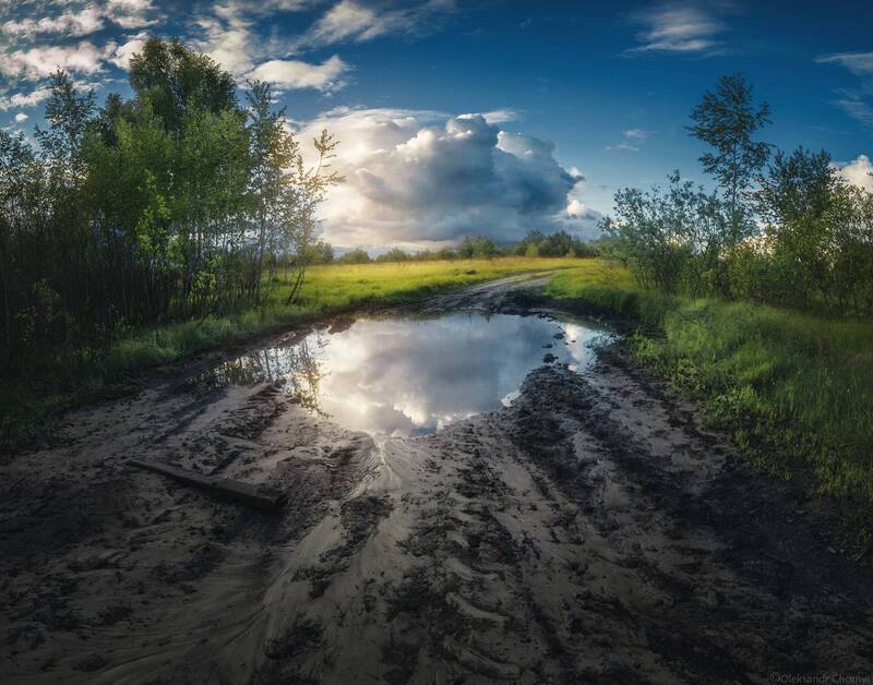 пейзаж, лето, дорога, облака, отражение, поле, вдохновение, гармония, жизнь, путь, травы, фотографчорный, сашачорный \