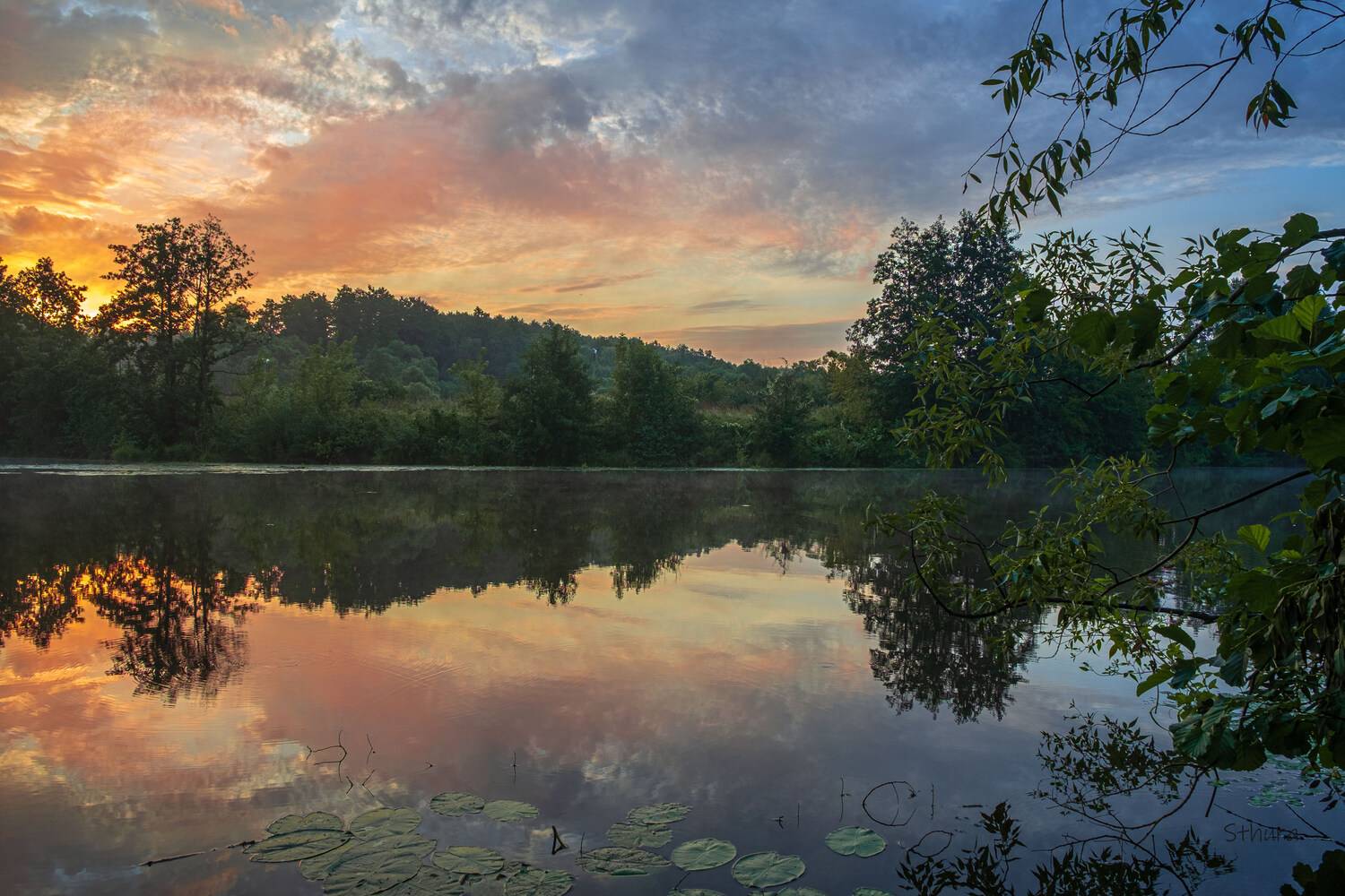 лето, озеро, утро, облака, отражение, природа, Александр Строков
