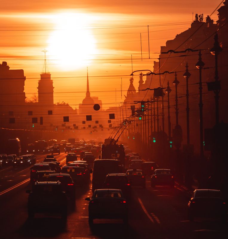 санкт-петербург, невский проспект, закат Огненный шар фото превью