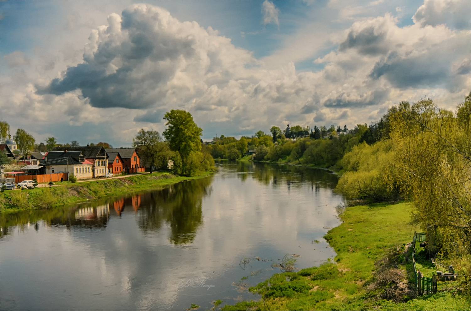 речка, домики, облака, Вера Петри