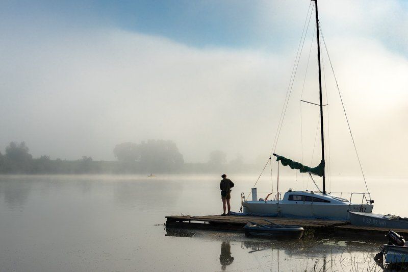 Рассвет, туман, река Туманное утро фото превью