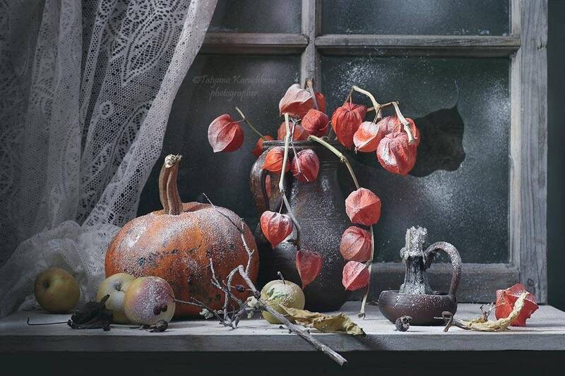натюрморт, зимний, зимний букет, олень, птичка, мандарины, свеча, шандал, физалис, тыква, окно Зимние натюрморты фото превью