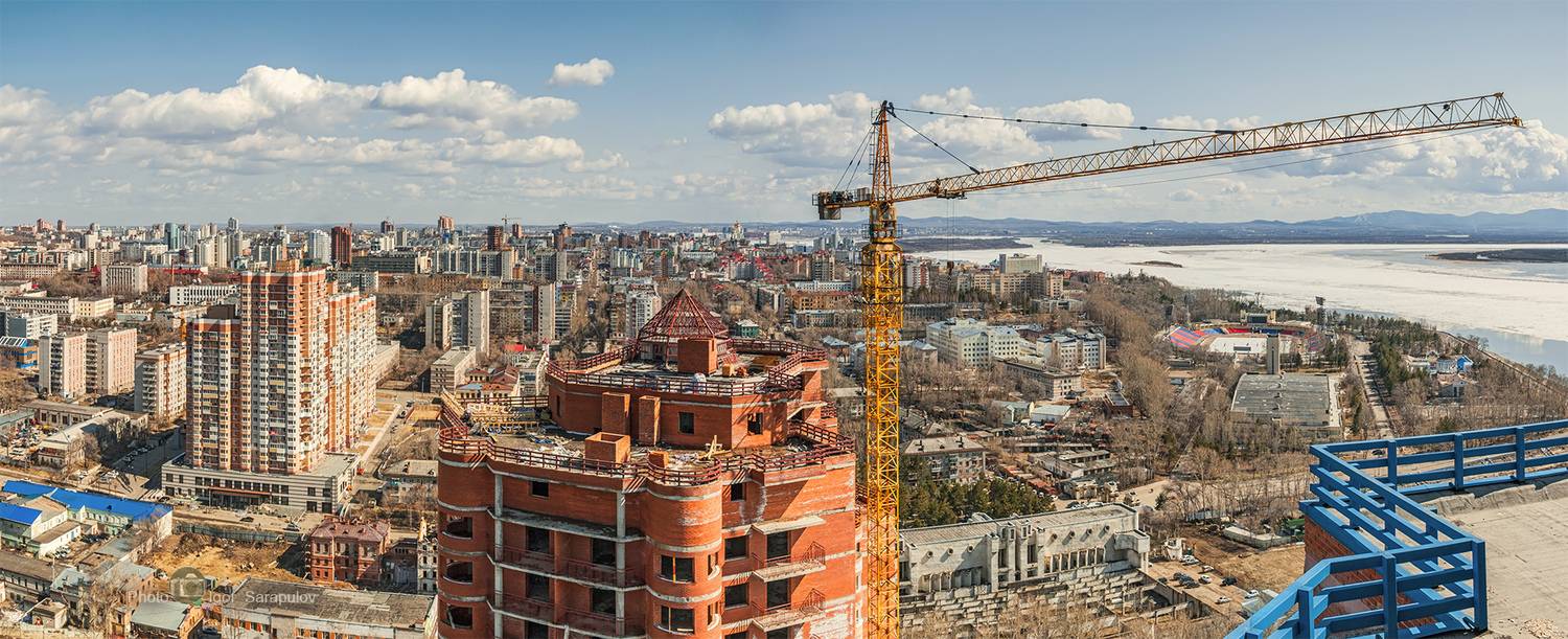 хабаровск, с высоты, город, панорама, стройка, panasonic, дальний восток, городской пейзаж, апрель, амур, панорамная фотография, Сарапулов Игорь
