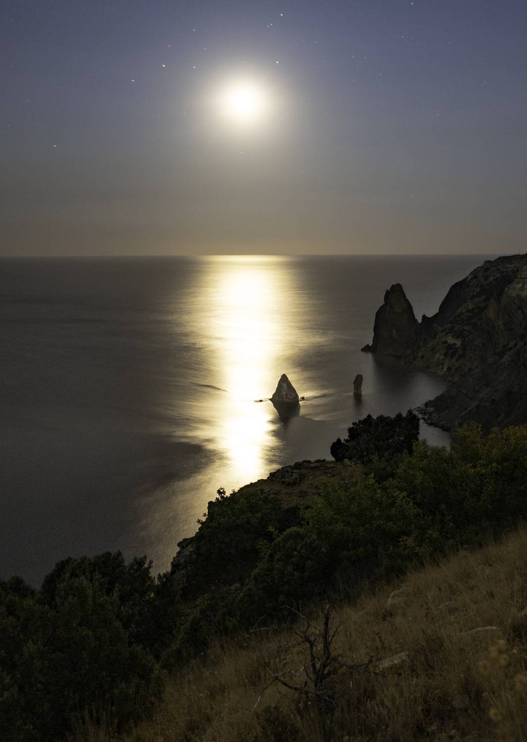 Россия, Крым, Севастополь, мыс Фиолент, скалы Орест и Пилад, луна, лунная дорожка, Гаврилов Юрий