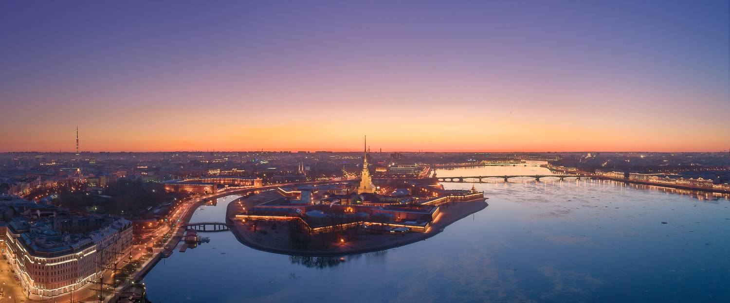 санкт-петербург, заячий остров, нева, панорама, город, рассвет, река, Лукс Сергей