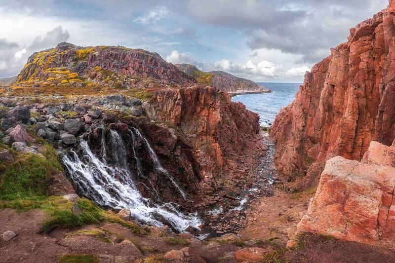 кольский, териберка, баренцево море, берег, waterfall, водопад Батарейский водопад фото превью