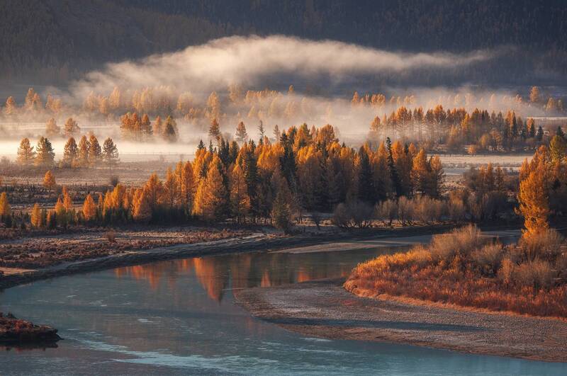алтай, горный алтай, пейзаж, туман, джазатор, беляши, утро, туман над рекой, река, золотой алтай  фото превью