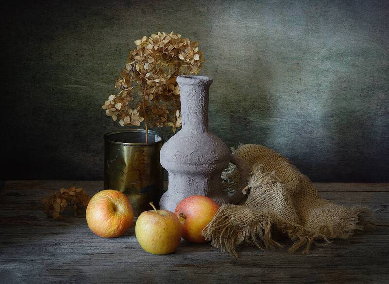 яблоки, ваза, банка, мешковина, сухоцвет  фото превью