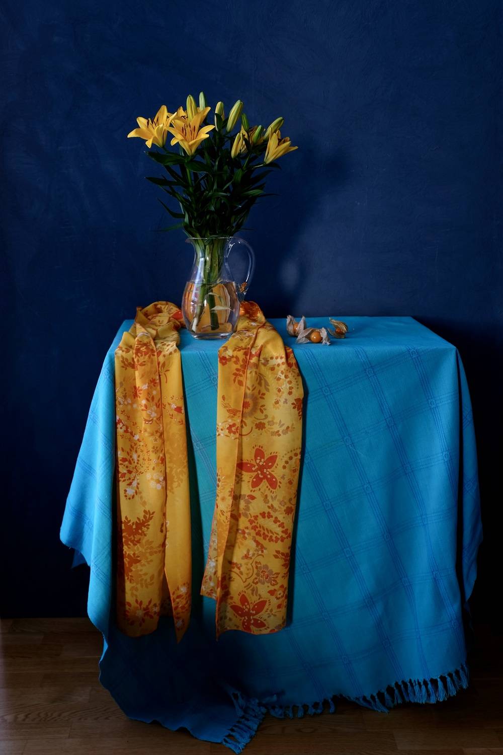 Натюрморт, Still life, Flowers, Yellow, Colors, Physalis, Lily, Table, Green, Povarova Ree Svetlana