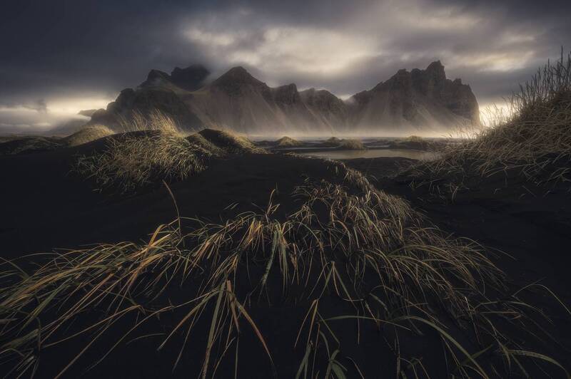 iceland, landscape, nature, mountains, clouds, sun, sunrise, stokksnes, vestrahorn Strata фото превью