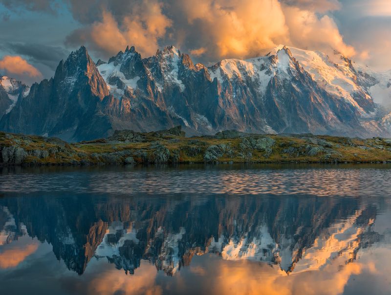 France, chamonix, landscapes, landscape, alps, sunset, mountains, lake, reflection, mirror, mont blanc Alpine Reflection  фото превью