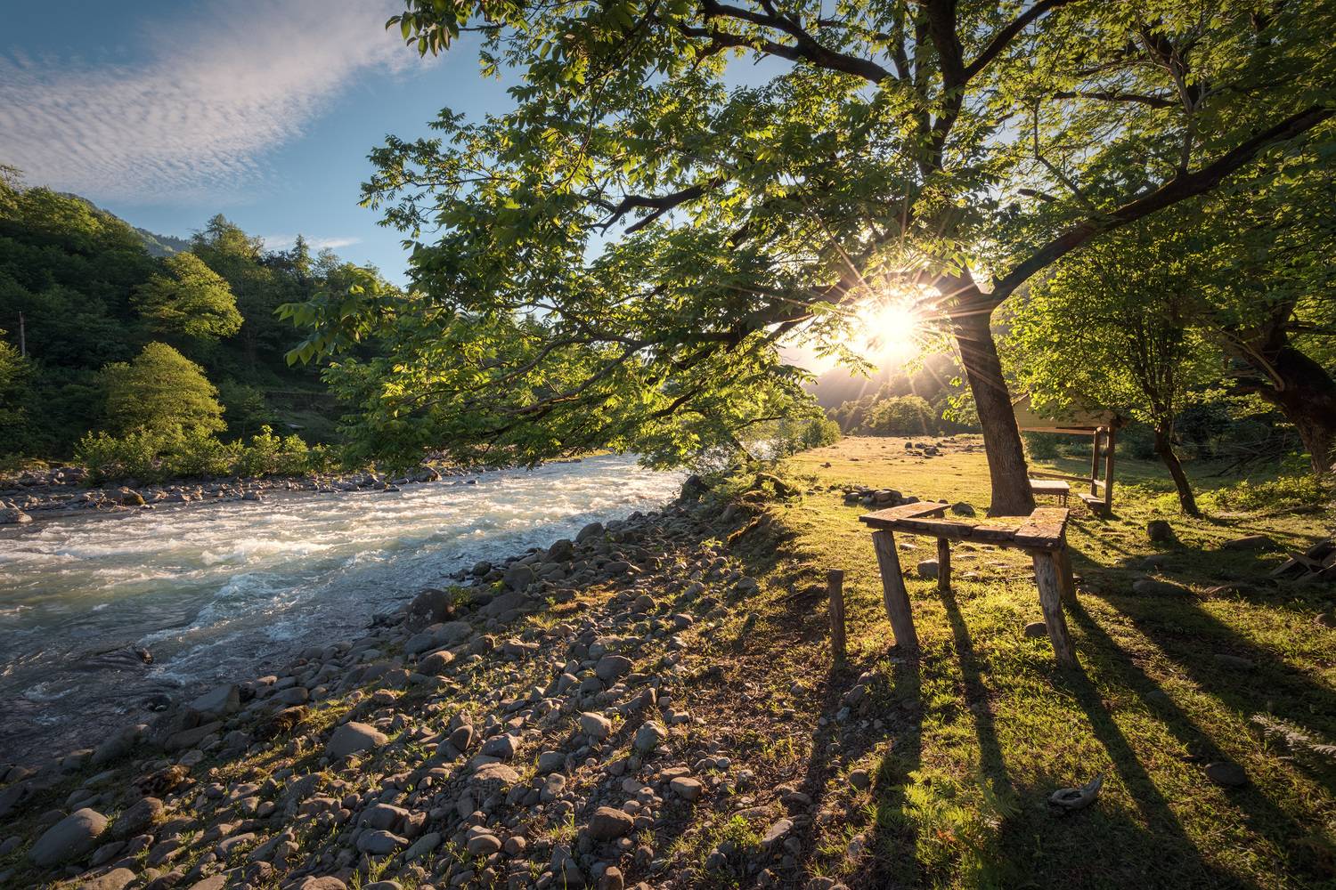 machakhlitskali, river, sun, meadow, hazel, tree, green, table, wood, pasture, water, nature, landscape, scenery, travel, outdoors, georgia, adjara, sakartvelo, chizh, Чиж Андрей