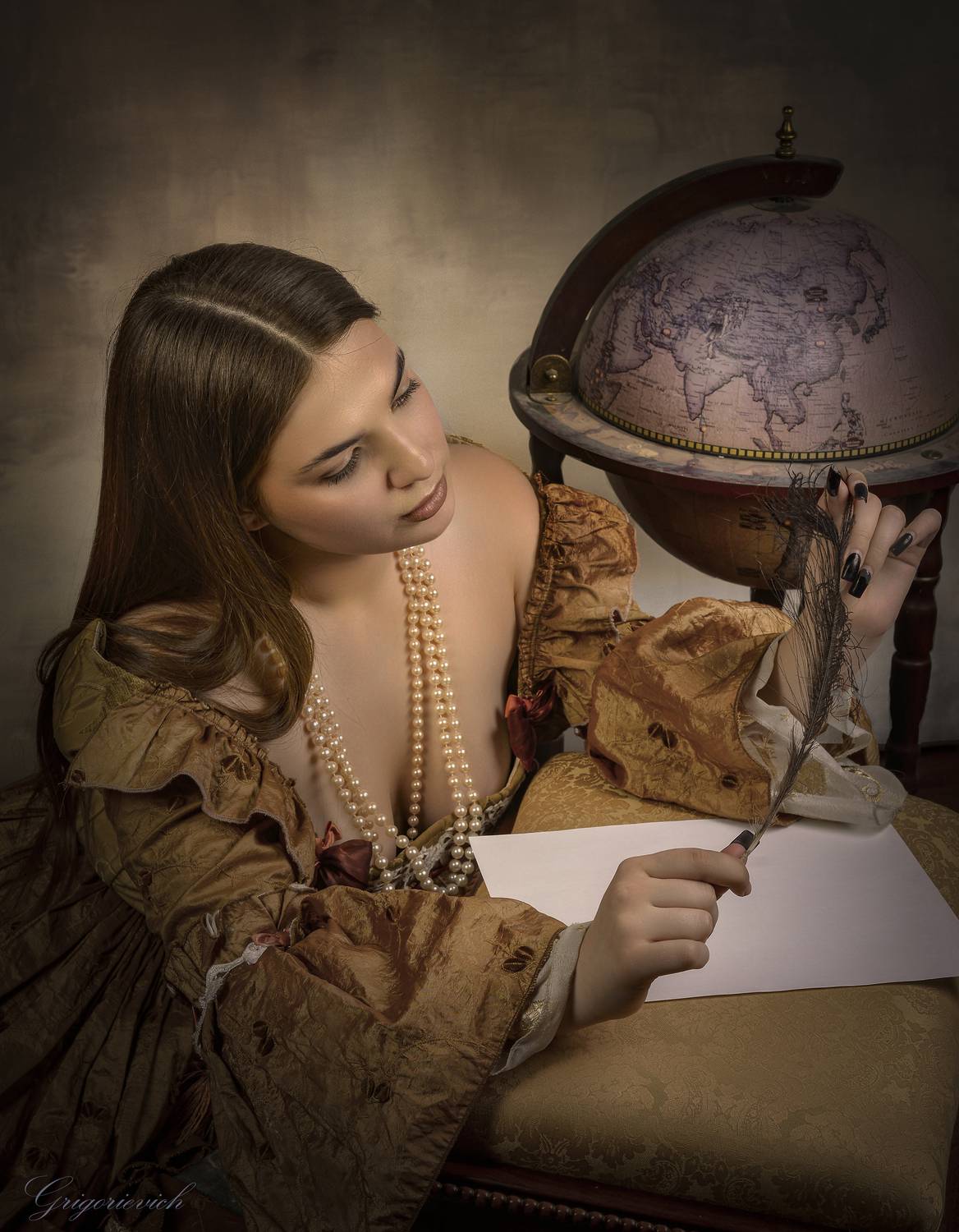 девушка, лицо, исторический костюм, перо, молодая женщина, Урасов Олег