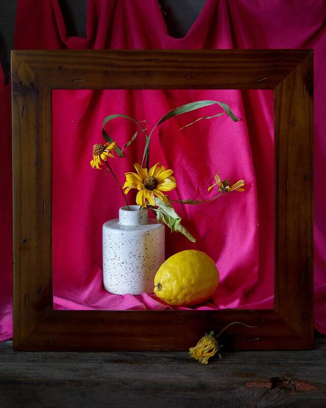 рамка, лимон, ваза, сухоцветы, драпировка  фото превью