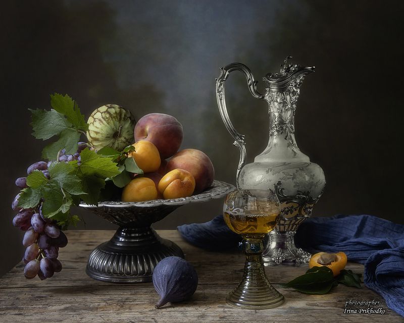 натюрморт, винтажный, фрукты, вино Натюрморт с фруктами и вином фото превью