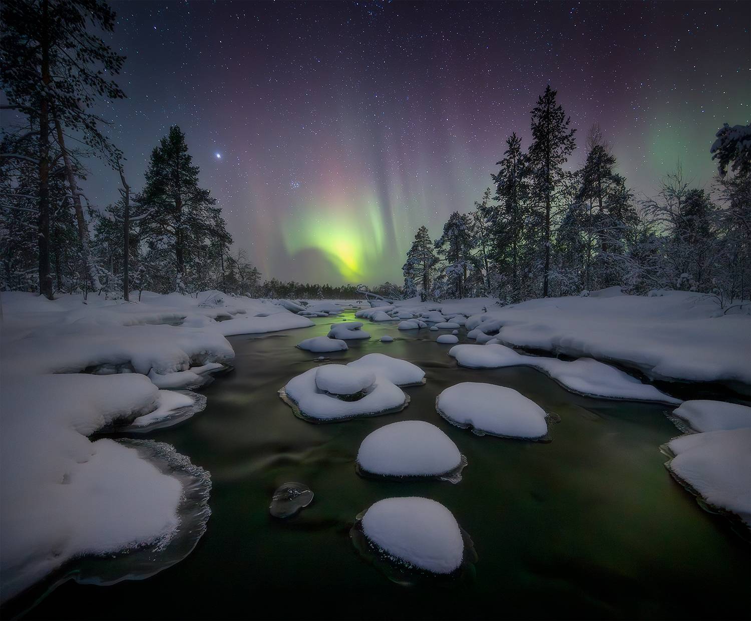 ночь, сияние, река, снег, мороз, Сергей Буторин