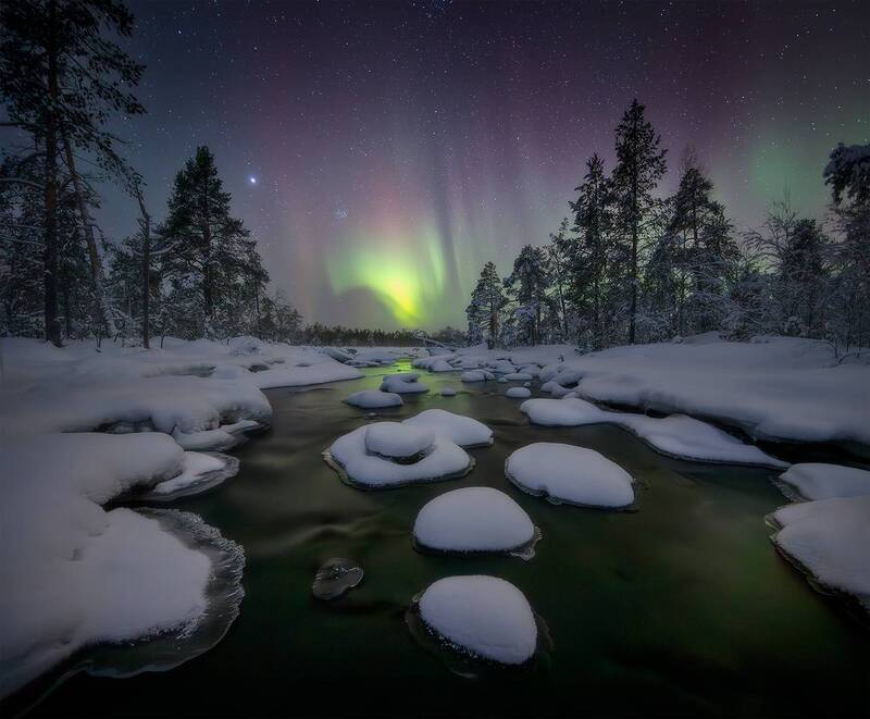 ночь, сияние, река, снег, мороз Сказочная ночь. фото превью