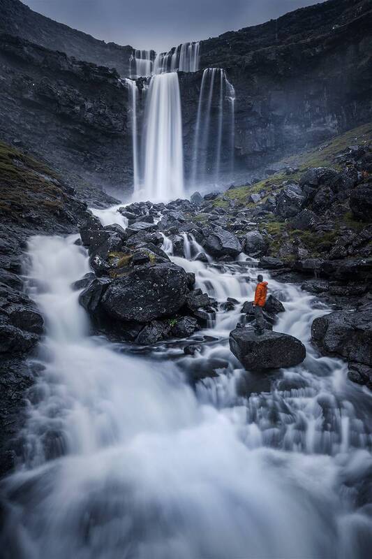 landscape, nature, waterfall, travel, river, faroe In front of the waters of Fossa waterfall фото превью