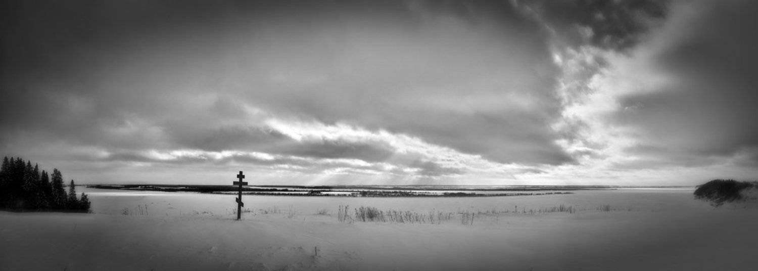 простор, солнце, лучи, тучи, крест, река, панорама, снег, зима, жизнь, KSergeyV