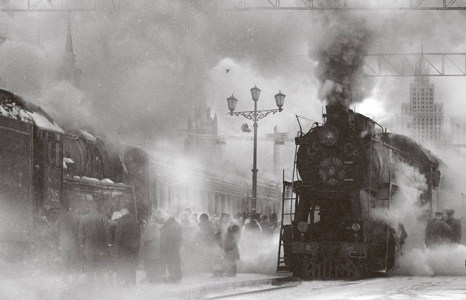 дым, паровоз, город, зима, Boji