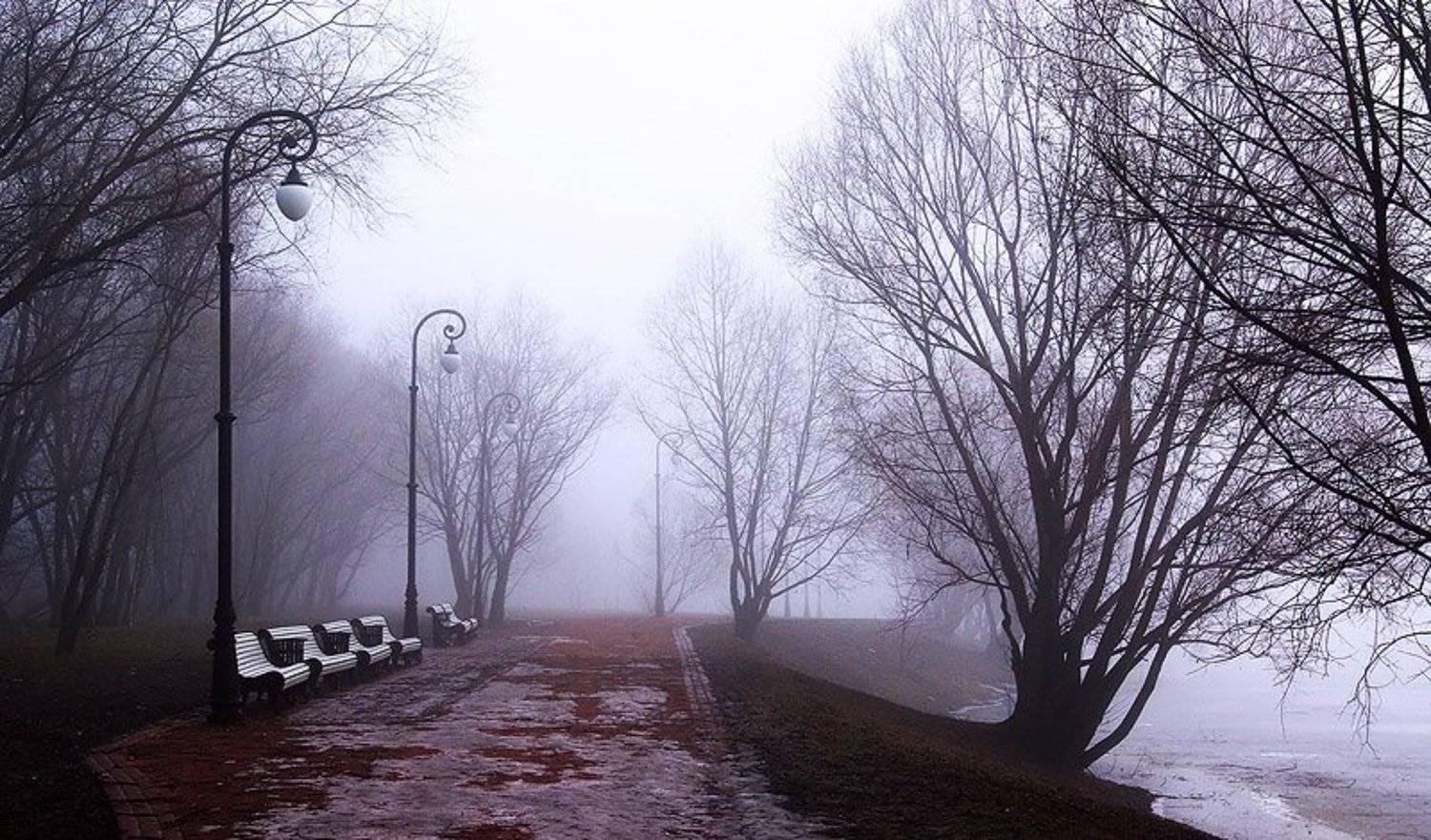 москва, царицыно, весна, туман, утро, аллея, скамья, фонарь, снег, озеро, пруд, Yagor