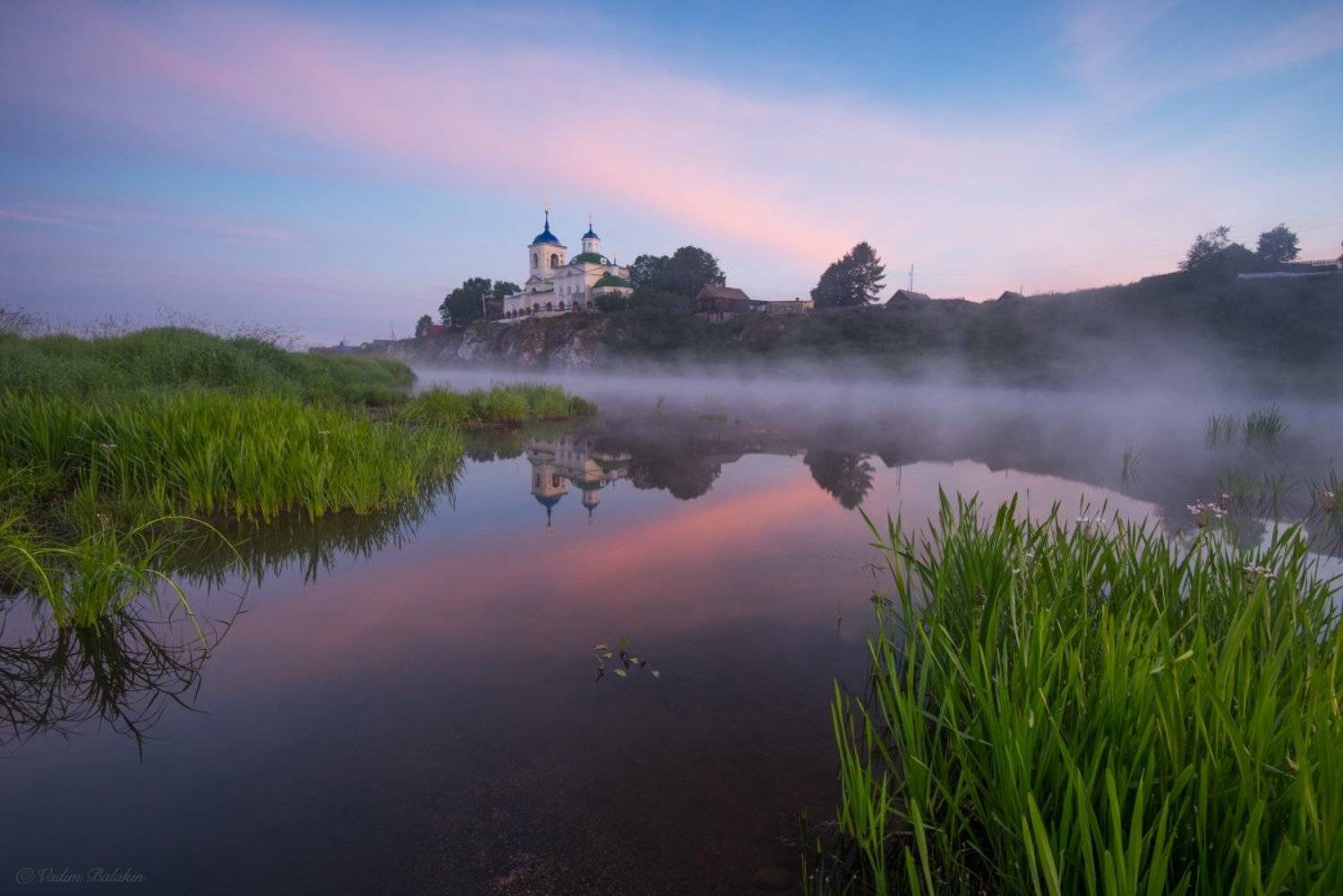 Деревня, Летний пейзаж, Лето, Отражение, Рассвет, Река, Россия, Русский пейзаж, Слобода, Средний урал, Туман, Урал, Церковь, Чусовая, Вадим Балакин