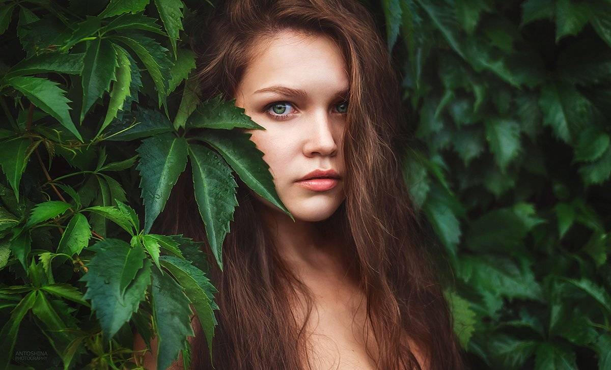 портрет, листья, лето, зелень, капли, глаза, девушка, portrait, summer, greens, eyes, girl, Антошина Татьяна