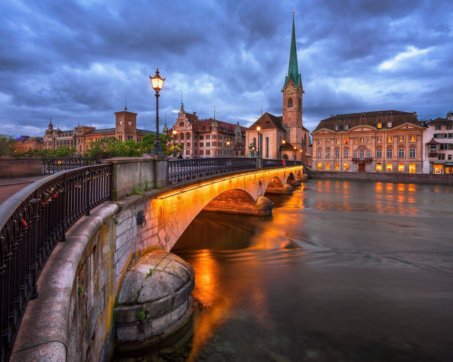 architecture, bell, blue, bridge, capital, cathedral, church, city, cityscape, clock, dark, dusk, embankment, europe, european, evening, fraumuenster, fraumunster, historic, history, house, illuminated, landmark, lights, limmat, medieval, munster, munster, Andrey Omelyanchuk