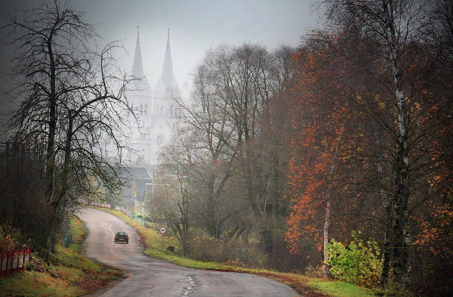 костел, дорога, автомобиль, деревья, Валерий Козуб