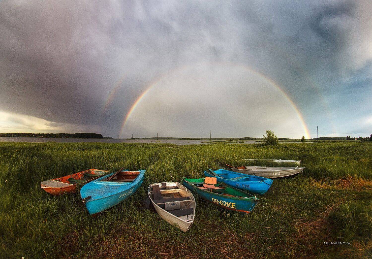лето, дождь, тучи, радуга, берег, лодки, пейзаж, облака, Татьяна Афиногенова