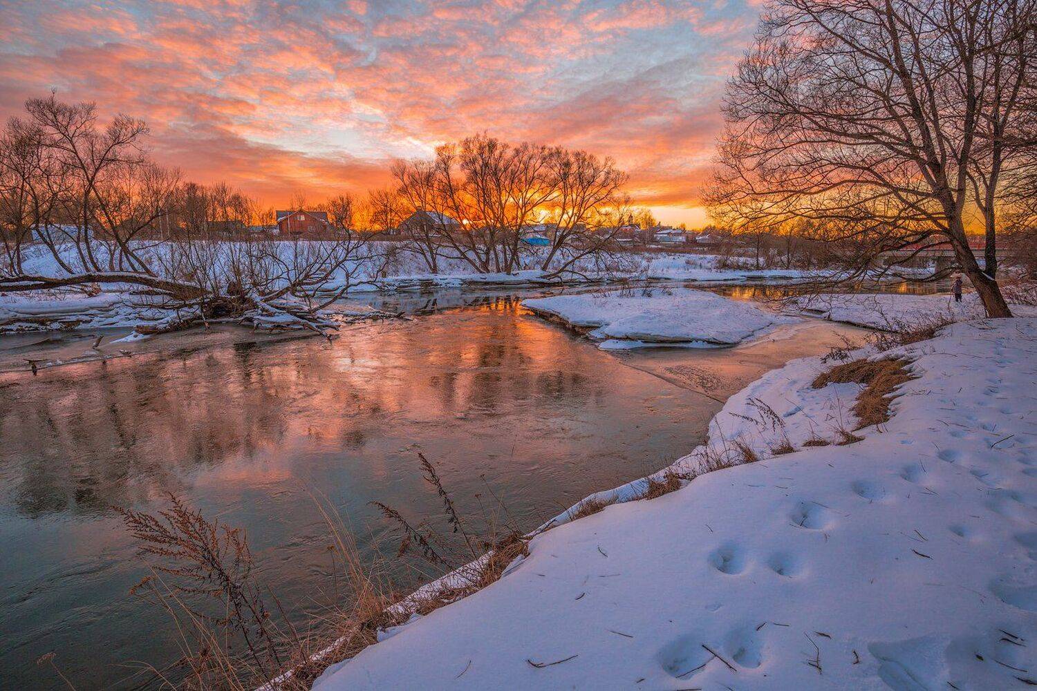 Вечер, Закат, Зима, Небо, Река, Снег, Виктор Климкин