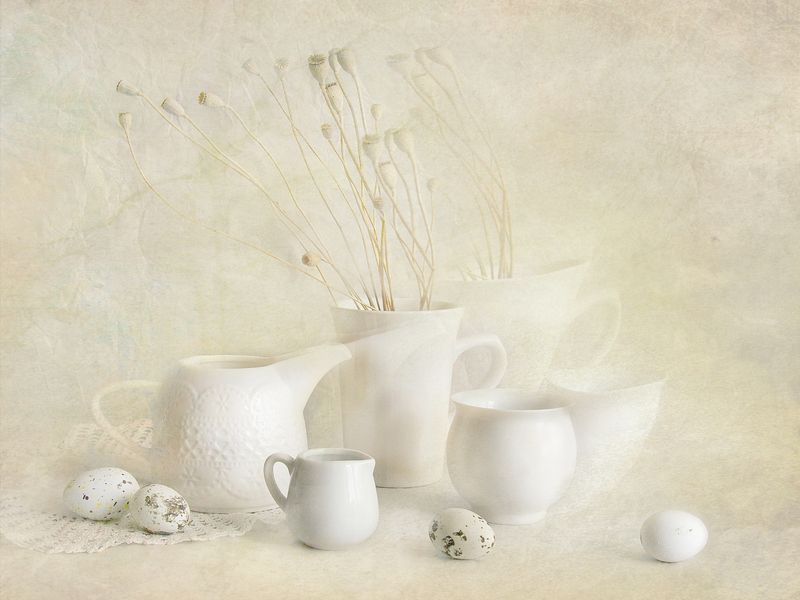 натюрморт, белый натюрморт, кувшины, букет, молочник, кофейник Белый натюрморт фото превью