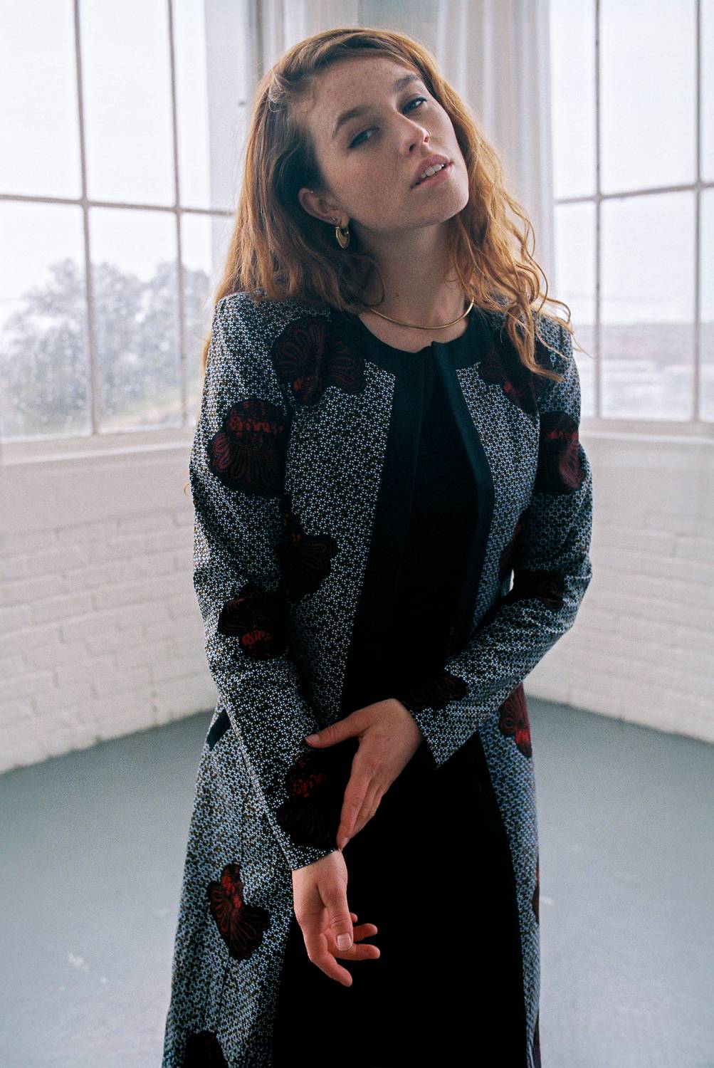 portrait, woman, fashion, coat, pattern, redhead, windowlight, natural, light, indoor, room, empty, minimalist, elegance, texture, Rozman Erik
