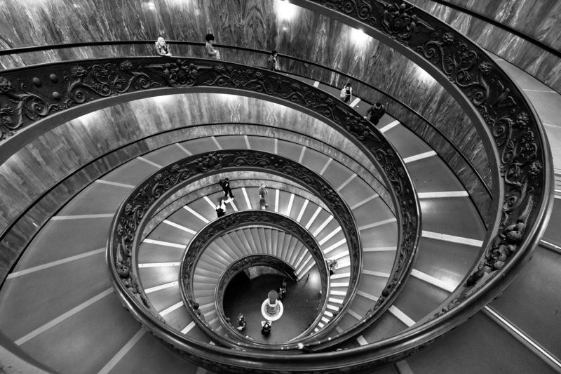 City/Architecture, Bramante staircase, Vatican, Italy, Staircase, Black and White, geometry В кручении времени фото превью