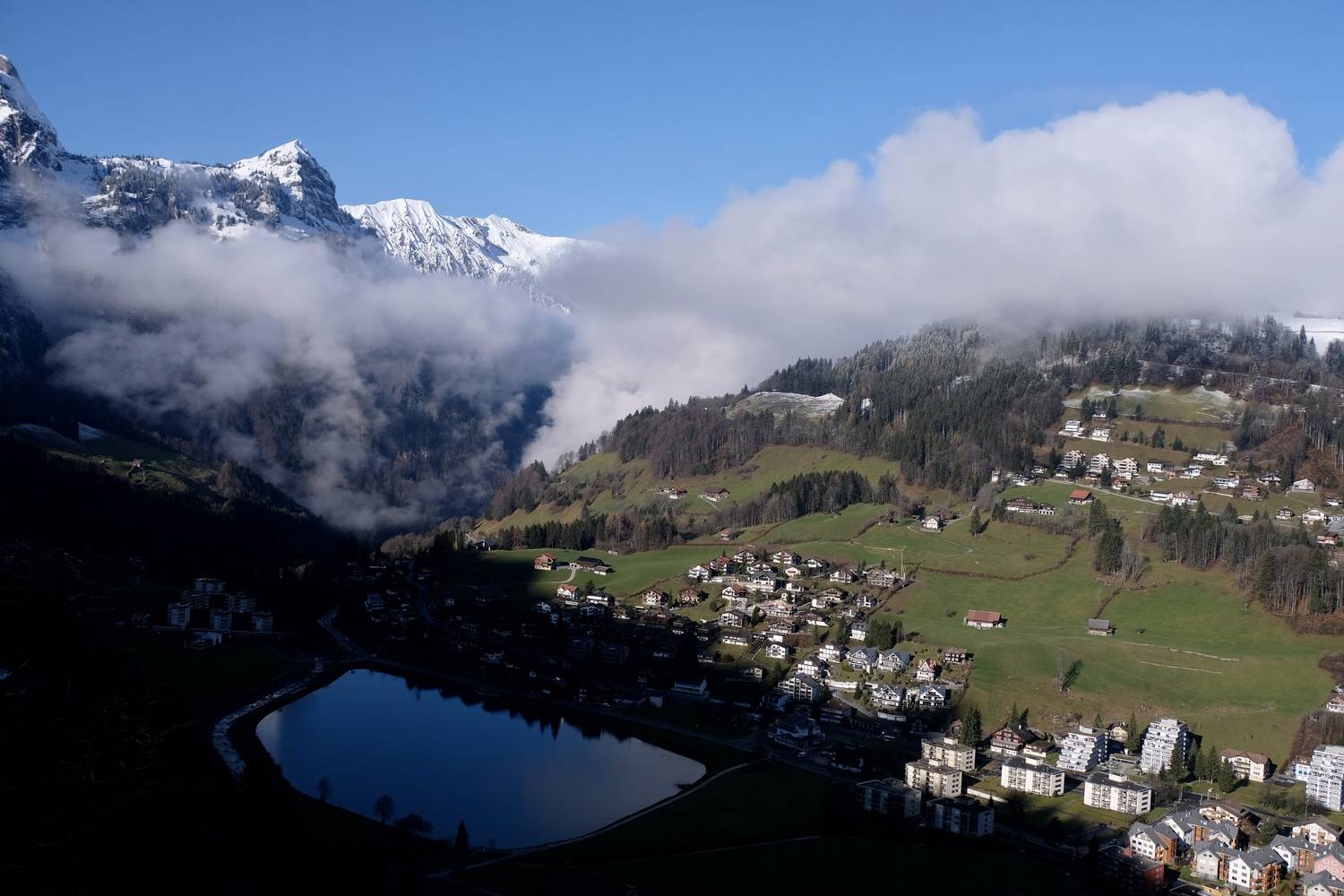 Landscapes, Alps, Mountains, Switzerland, Clouds, Town, Povarova Ree Svetlana