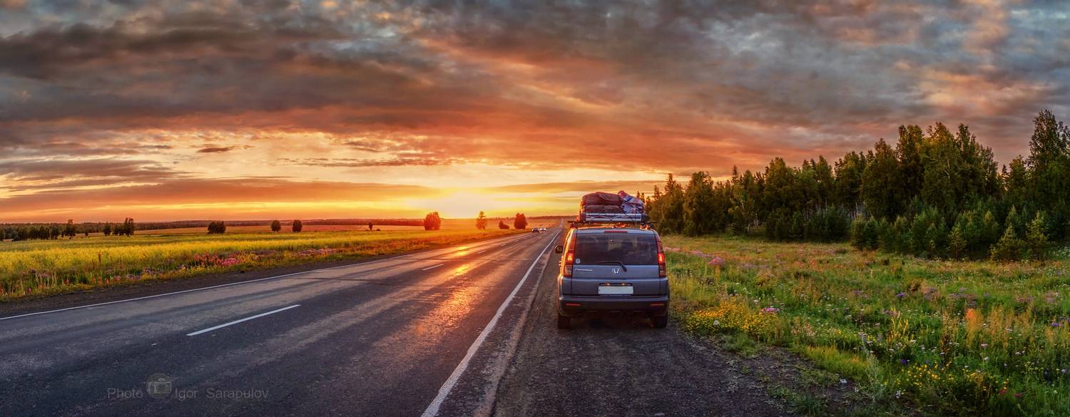 закат, трасса, маршрут, панорама, трасса м53, путешествие на автомобиле, вечер, дорога, путешествие по россии, сибирь, солнце, Сарапулов Игорь