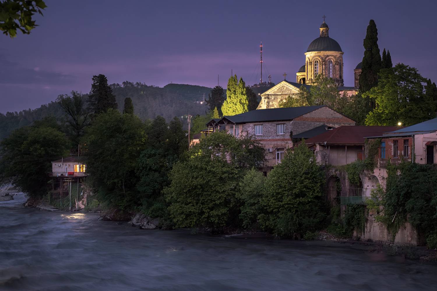 night, kutaisi, rioni, river, church, light, landscape, cityscape, scenery, travel, outdoors, georgia, imereti, sakartvelo, chizh, Чиж Андрей