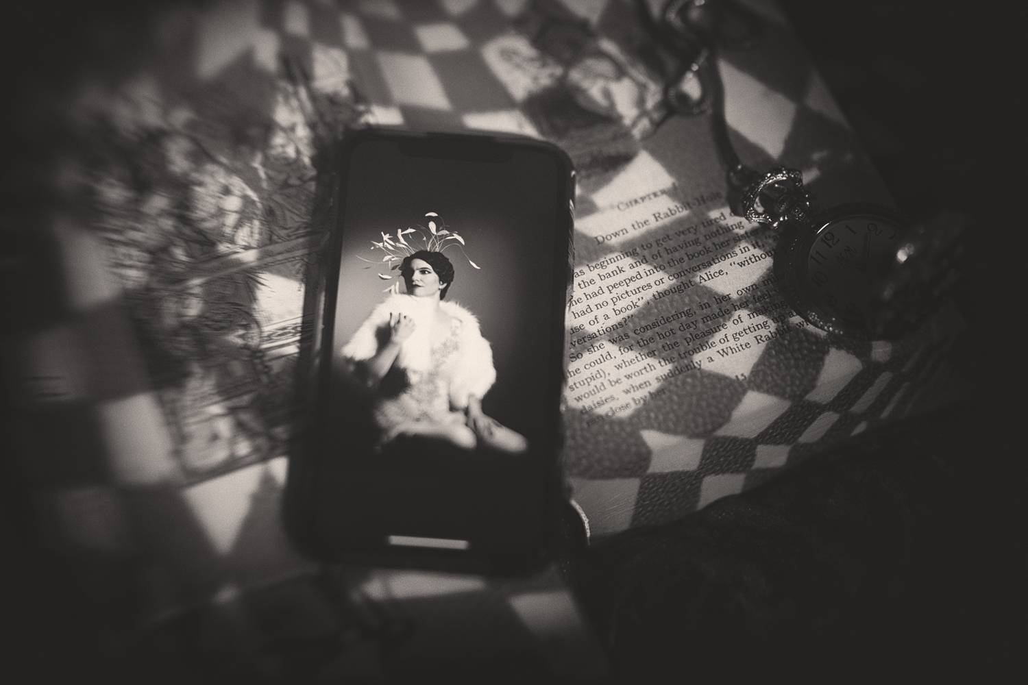 phone, screen, portrait, vintage, monochrome, blackandwhite, stilllife, shadow, light, pattern, checkered, nostalgia, conceptual, retro, photography, Rozman Erik