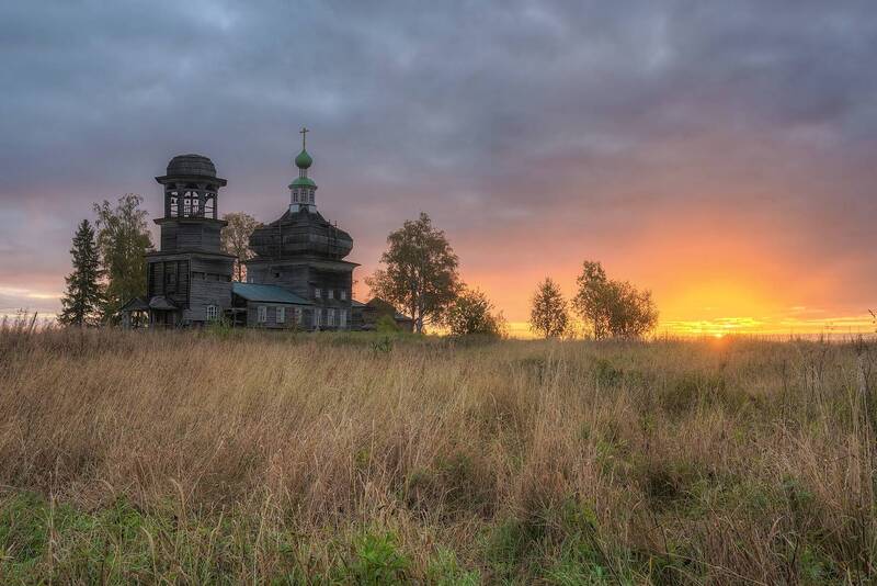 осень, утро, деревня, церковь  фото превью