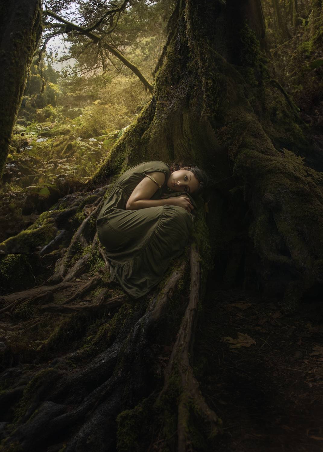 whimsical realism, fine art portraiture, liminal space, environmental portrait, ethereal, nature and identity, narrative photography, soft light, woodland, dreamlike, contemporary portrait, visual storytelling, Shipova Marina